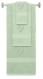 Mint Green monogrammed towel set with Silver thread, Chancery font, initial V - 540 GSM cotton 3-piece