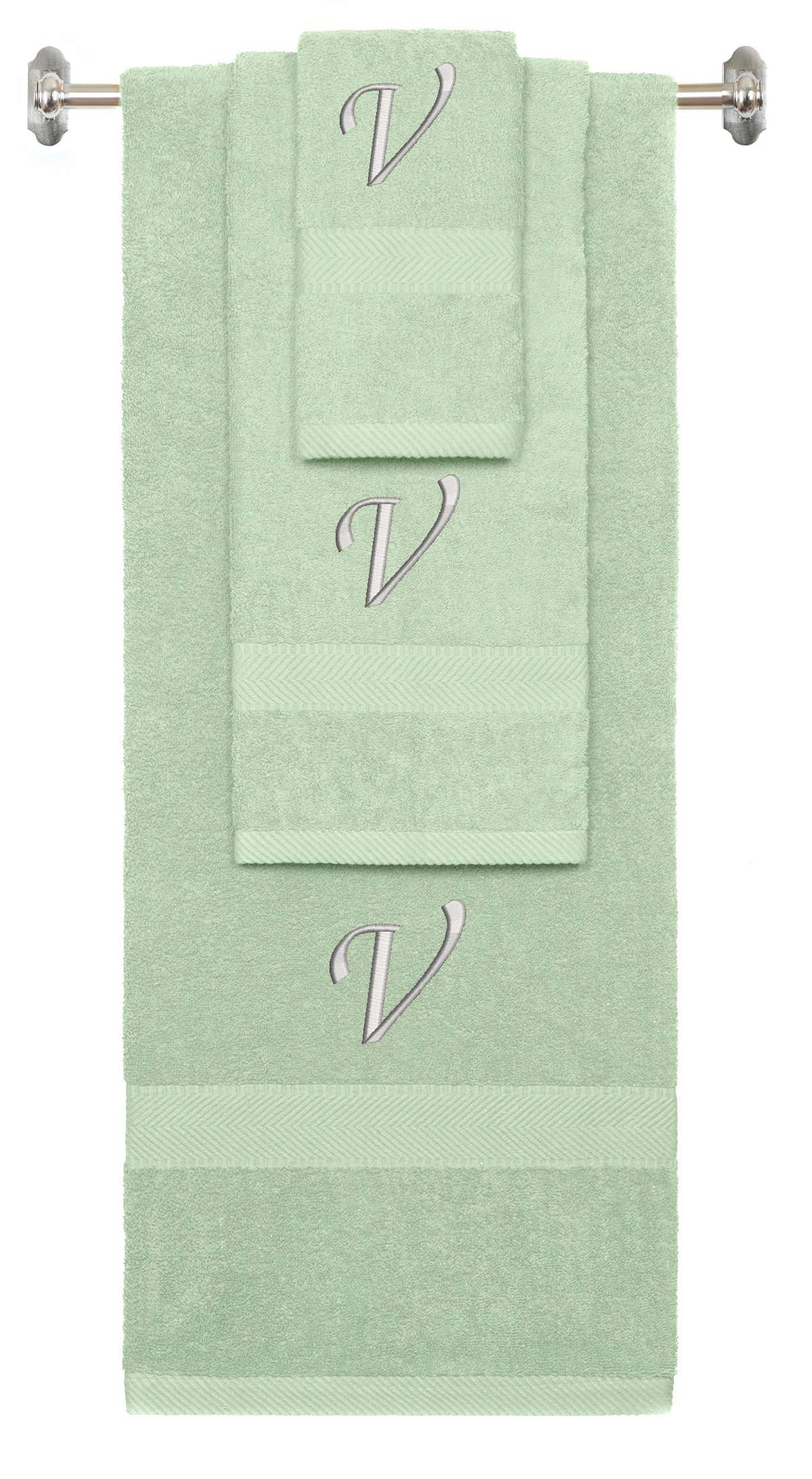 Mint Green monogrammed towel set with Silver thread, Chancery font, initial V - 540 GSM cotton 3-piece