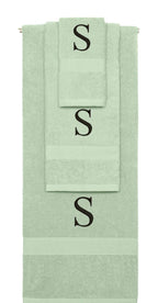 Mint Green monogrammed towel set with Black thread, Times New Roman font, initial S - 540 GSM cotton 3-piece