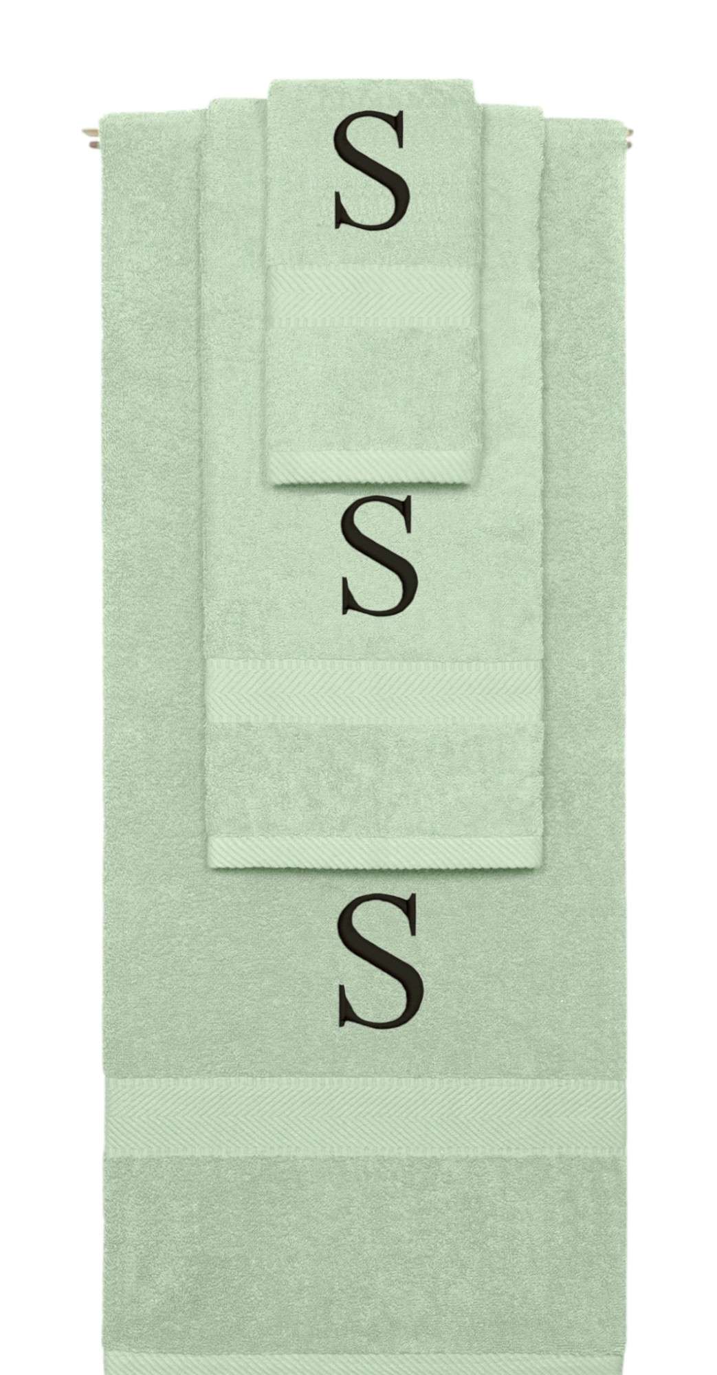 Mint Green monogrammed towel set with Black thread, Times New Roman font, initial S - 540 GSM cotton 3-piece