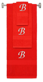 Red monogrammed towel set with Silver thread, Chancery font, initial B - 540 GSM cotton 3-piece