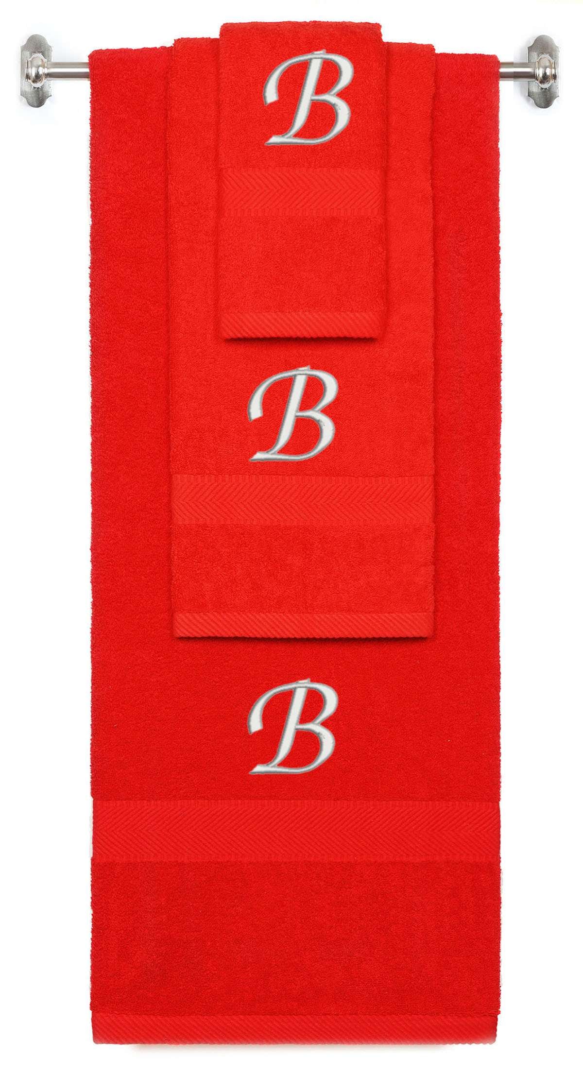 Red monogrammed towel set with Silver thread, Chancery font, initial B - 540 GSM cotton 3-piece