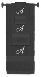 Charcoal monogrammed towel set with Silver thread, Diana Script font, initial A - 540 GSM cotton 3-piece