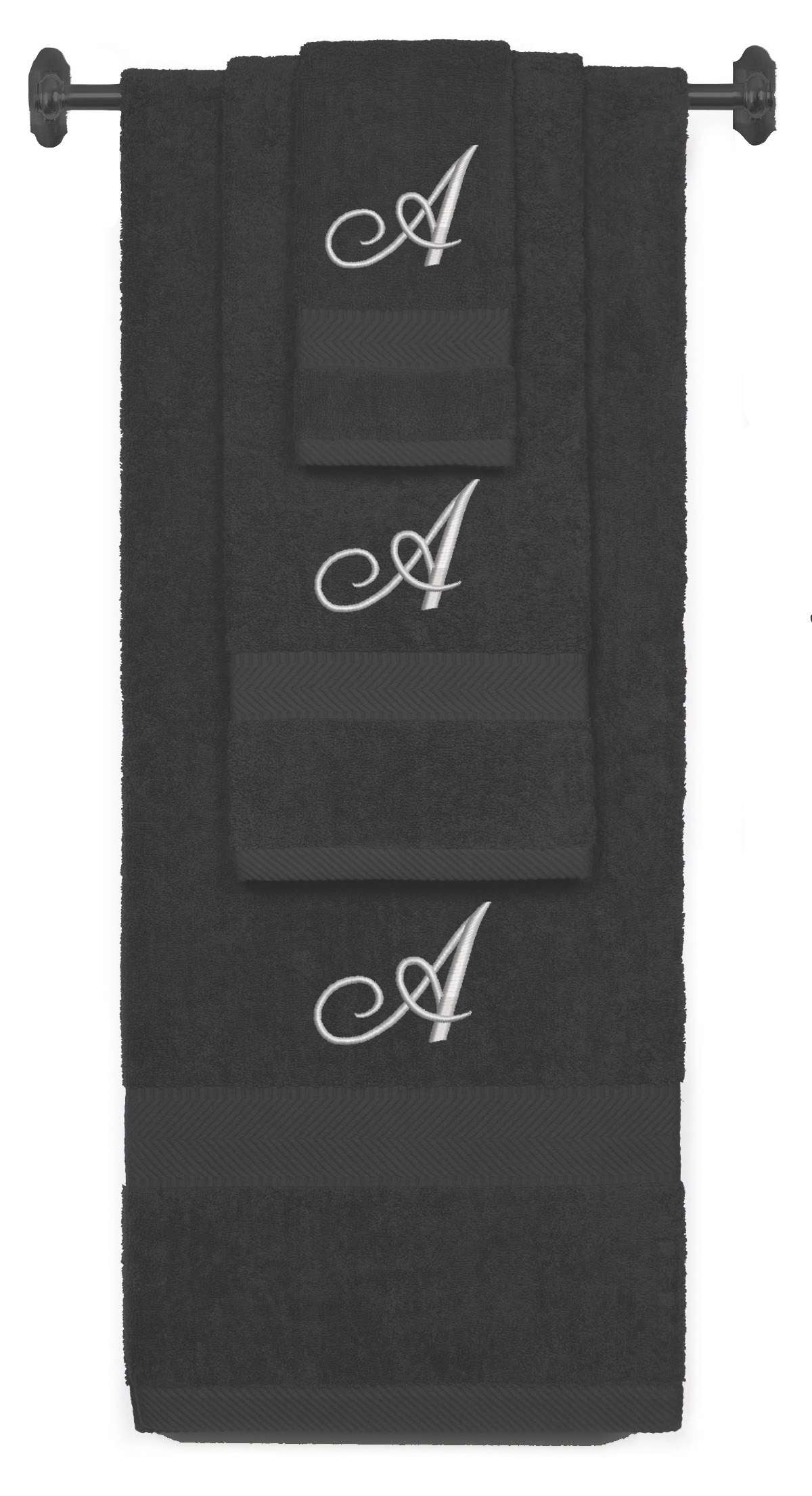 Charcoal monogrammed towel set with Silver thread, Diana Script font, initial A - 540 GSM cotton 3-piece