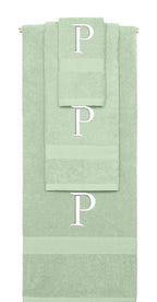 Mint Green monogrammed towel set with White thread, Times New Roman font, initial P - 540 GSM cotton 3-piece