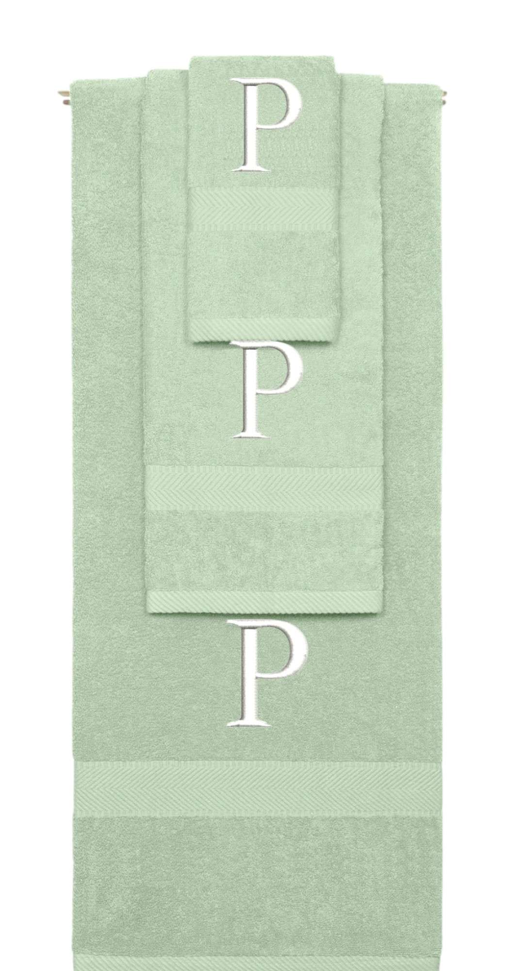 Mint Green monogrammed towel set with White thread, Times New Roman font, initial P - 540 GSM cotton 3-piece