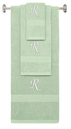 Mint Green monogrammed towel set with White thread, Chancery font, initial R - 540 GSM cotton 3-piece