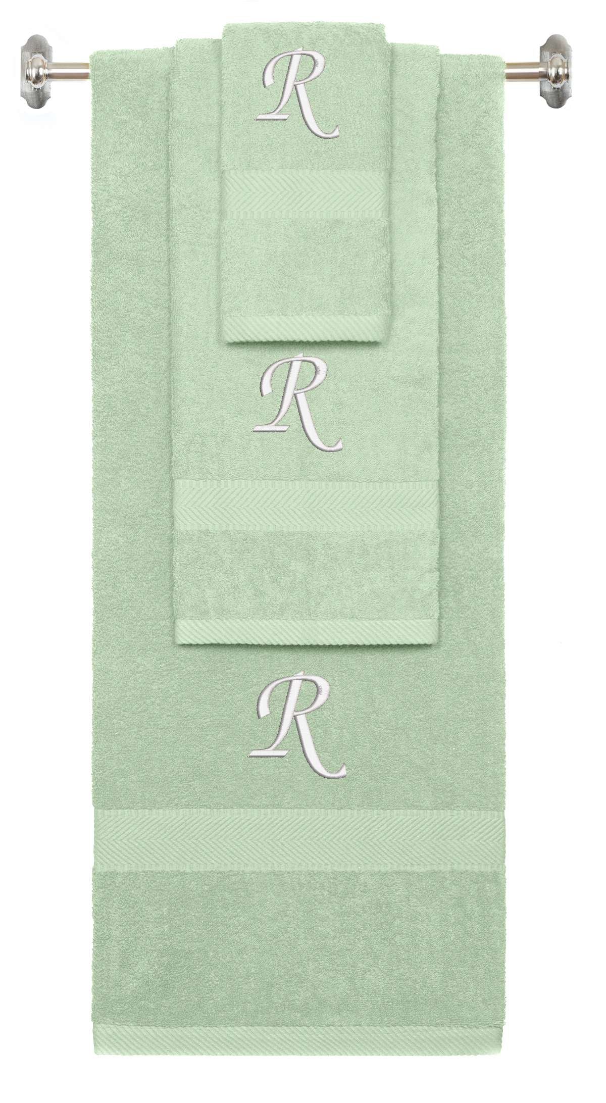 Mint Green monogrammed towel set with White thread, Chancery font, initial R - 540 GSM cotton 3-piece