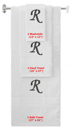 White monogrammed towel set with Black thread, Chancery font, initial R - 540 GSM cotton 3-piece