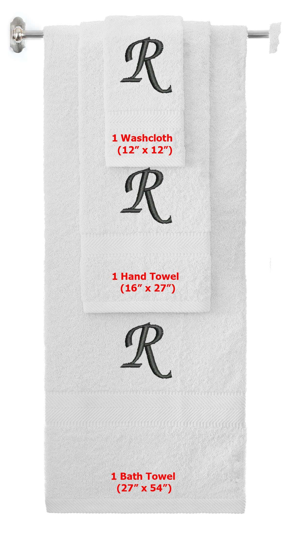 White monogrammed towel set with Black thread, Chancery font, initial R - 540 GSM cotton 3-piece