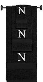 Black monogrammed towel set with Silver thread, Times New Roman font, initial N - 540 GSM cotton 3-piece