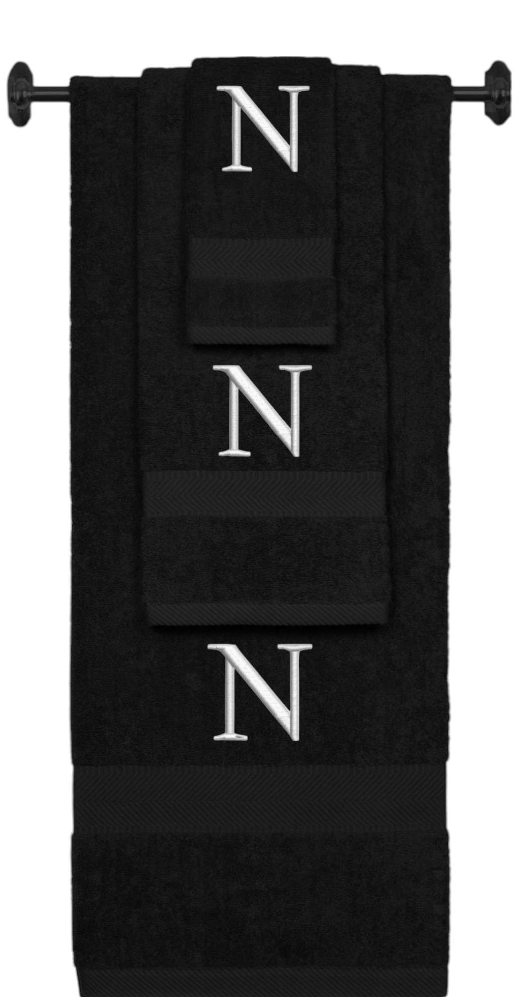 Black monogrammed towel set with Silver thread, Times New Roman font, initial N - 540 GSM cotton 3-piece