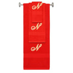 Red monogrammed towel set with Gold thread, Diana Script font, initial N - 540 GSM cotton 3-piece