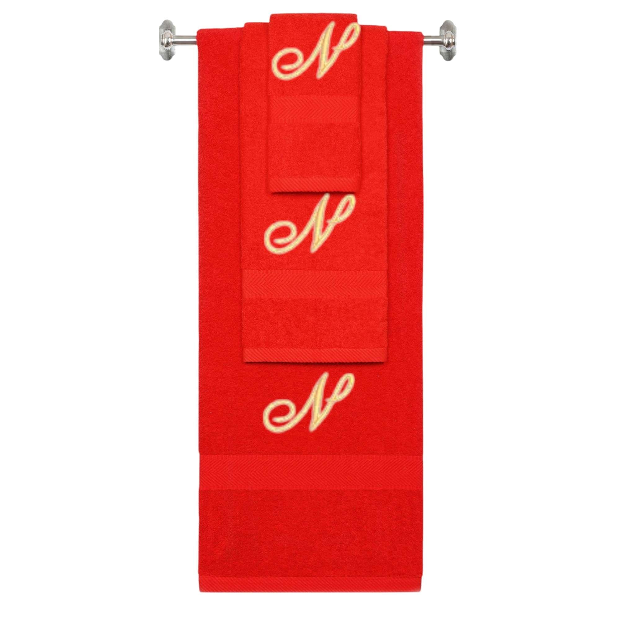 Red monogrammed towel set with Gold thread, Diana Script font, initial N - 540 GSM cotton 3-piece