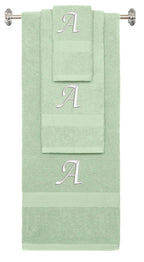 Mint Green monogrammed towel set with White thread, Chancery font, initial A - 540 GSM cotton 3-piece