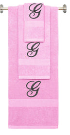 Pink monogrammed towel set with Black thread, Diana Script font, initial G - 540 GSM cotton 3-piece