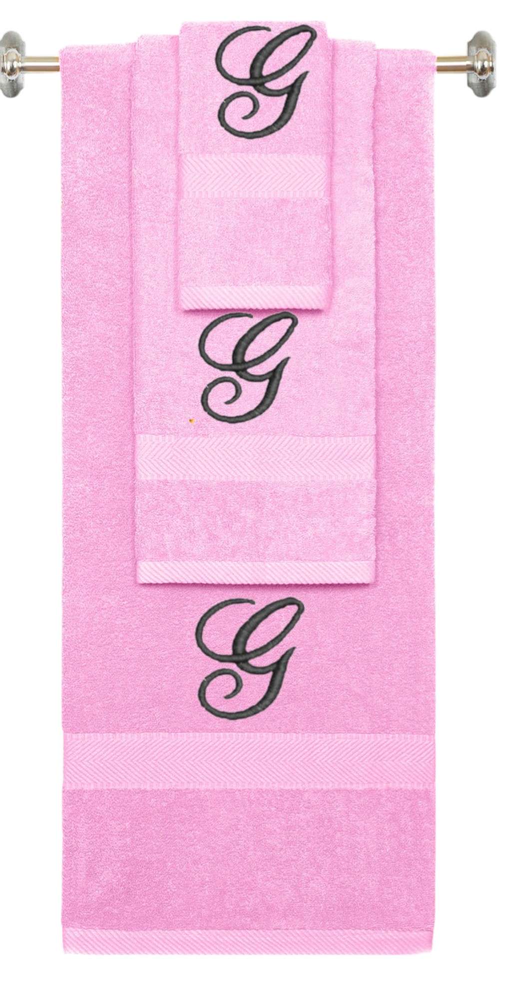 Pink monogrammed towel set with Black thread, Diana Script font, initial G - 540 GSM cotton 3-piece