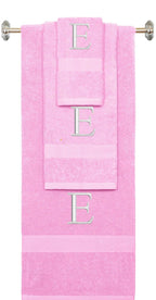 Pink monogrammed towel set with White thread, Times New Roman font, initial E - 540 GSM cotton 3-piece