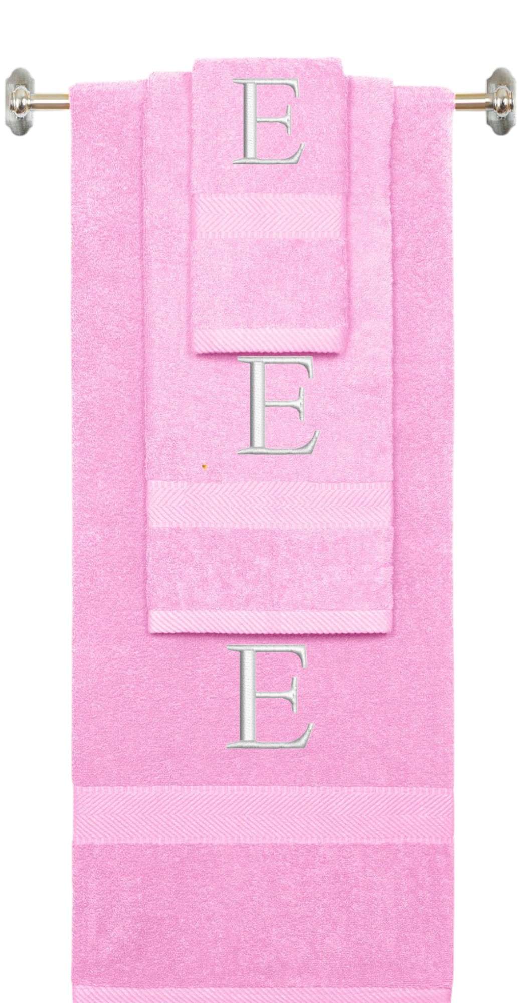 Pink monogrammed towel set with White thread, Times New Roman font, initial E - 540 GSM cotton 3-piece