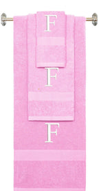 Purple monogrammed towel set with Black thread, Times New Roman font, initial F - 540 GSM cotton 3-piece