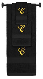Black monogrammed towel set with Gold thread, Diana Script font, initial C - 540 GSM cotton 3-piece