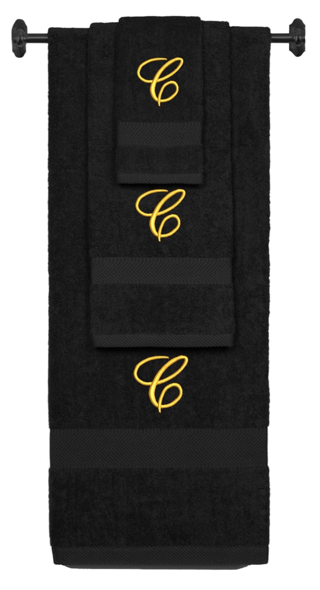 Black monogrammed towel set with Gold thread, Diana Script font, initial C - 540 GSM cotton 3-piece