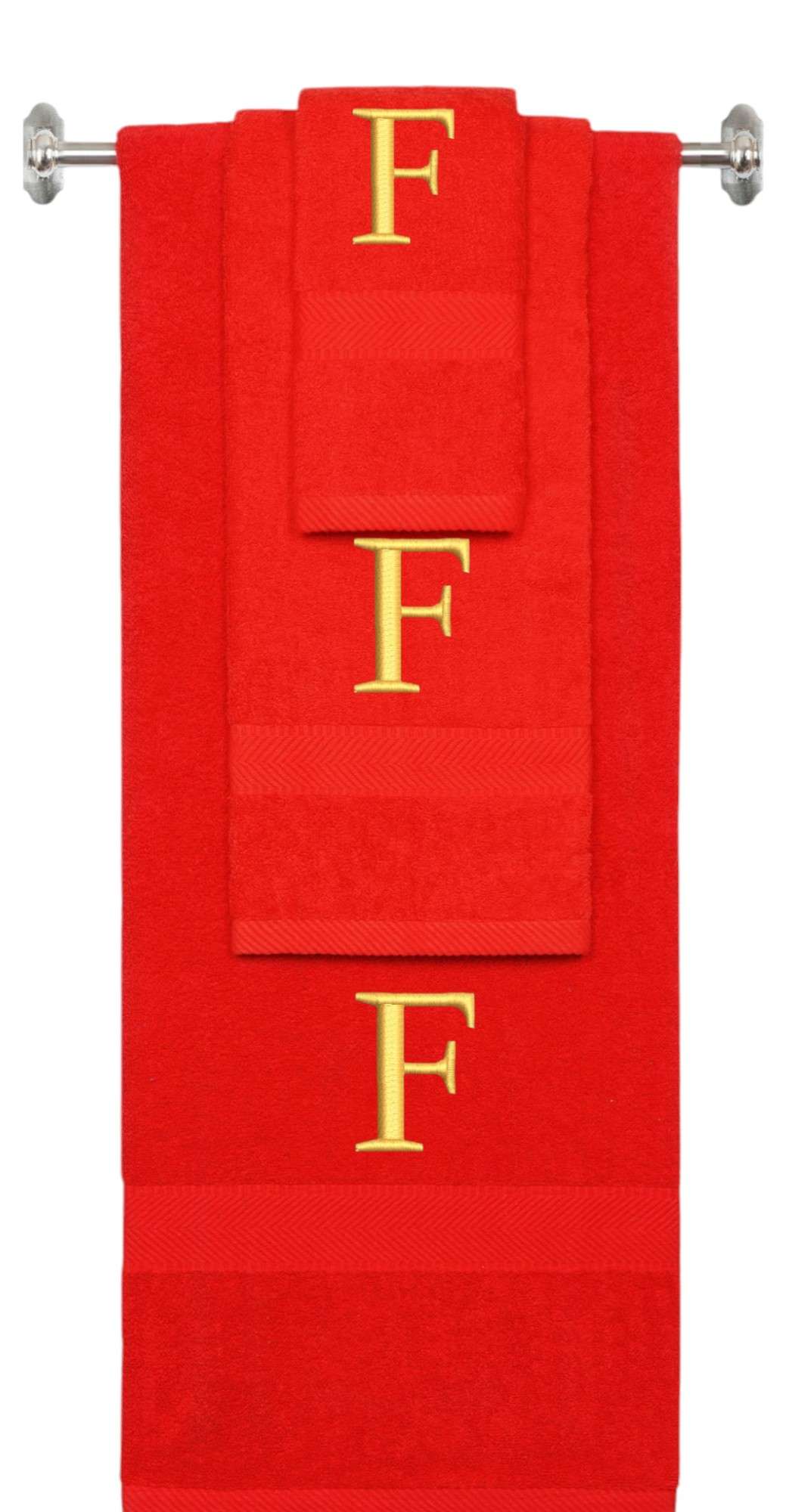Red monogrammed towel set with Gold thread, Times New Roman font, initial F - 540 GSM cotton 3-piece