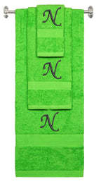 Lime monogrammed towel set with Black thread, Chancery font, initial N - 540 GSM cotton 3-piece