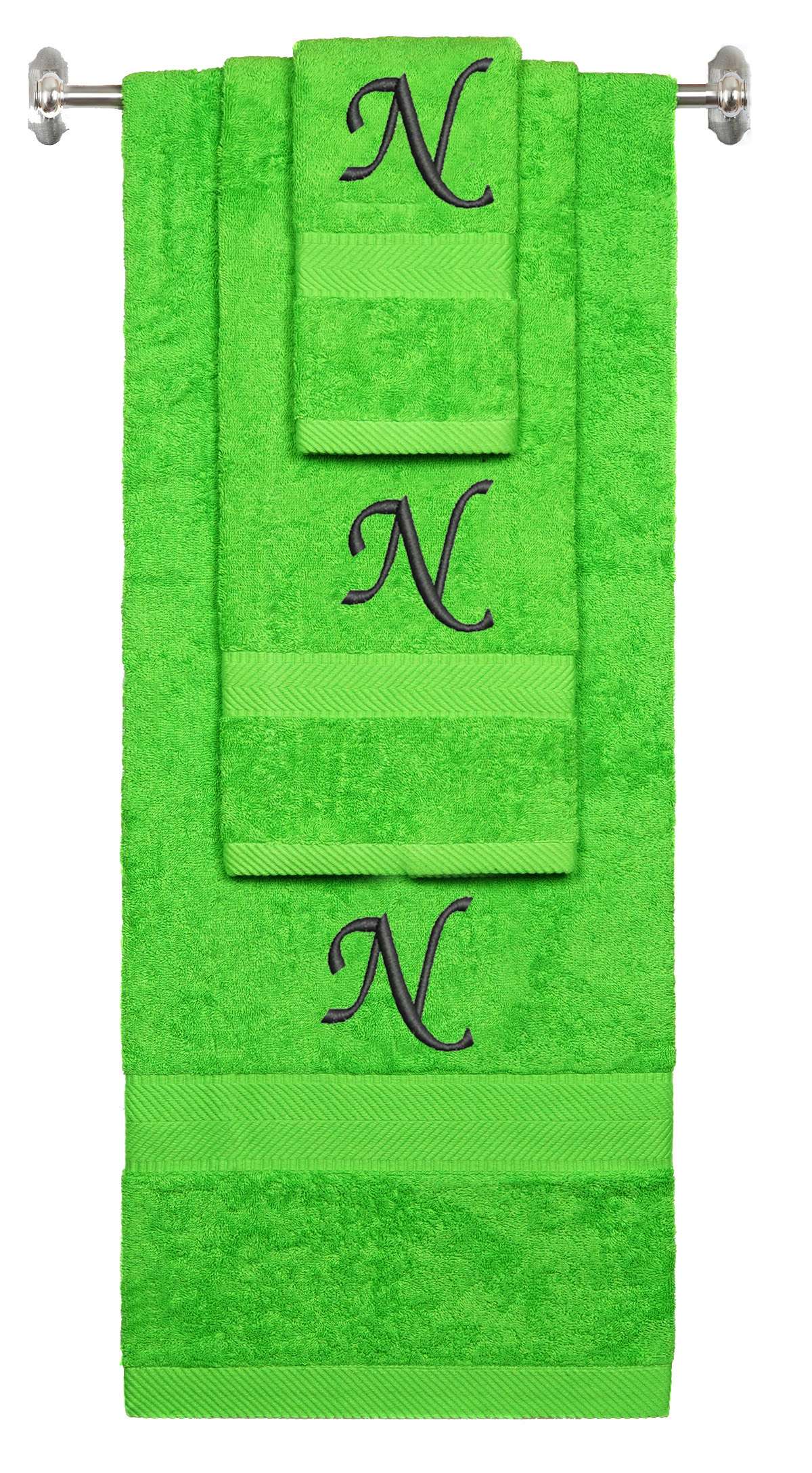 Lime monogrammed towel set with Black thread, Chancery font, initial N - 540 GSM cotton 3-piece
