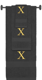 Charcoal monogrammed towel set with Gold thread, Times New Roman font, initial X - 540 GSM cotton 3-piece