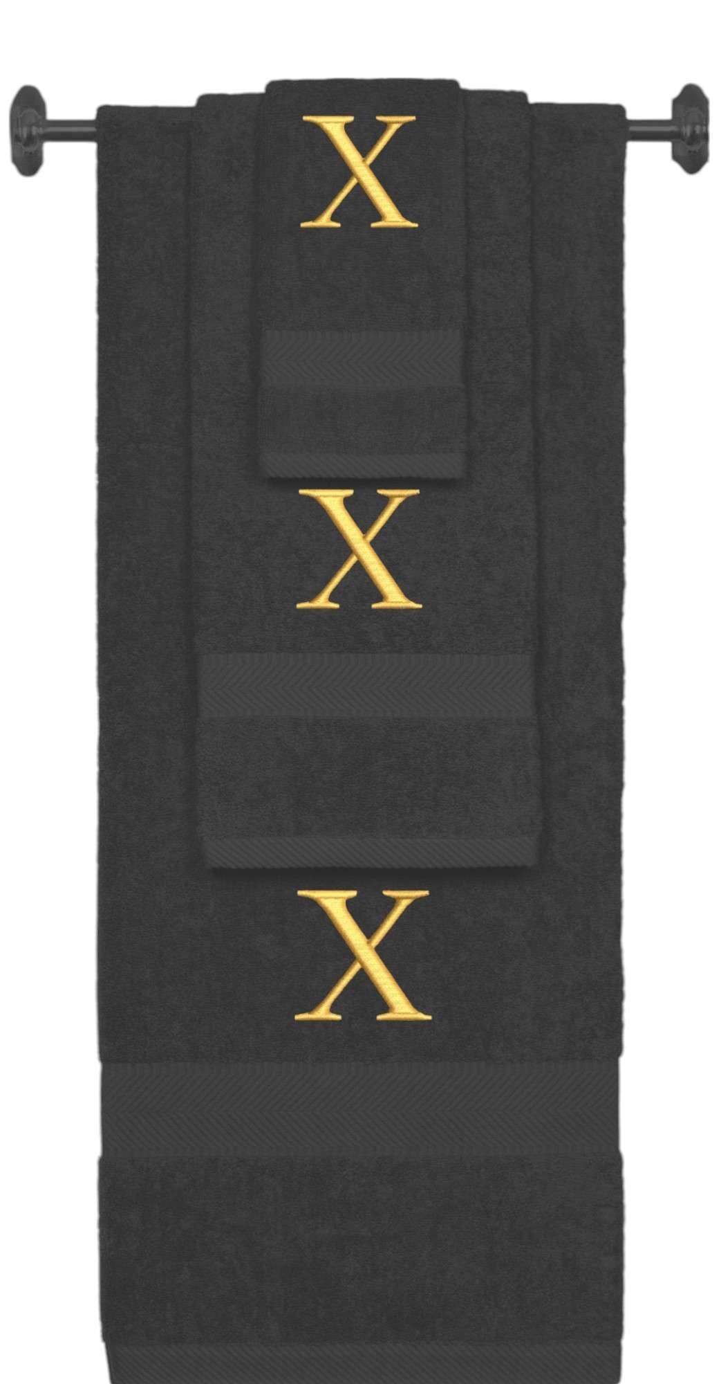 Charcoal monogrammed towel set with Gold thread, Times New Roman font, initial X - 540 GSM cotton 3-piece