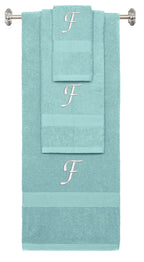 Nautical Teal monogrammed towel set with White thread, Chancery font, initial F - 540 GSM cotton 3-piece