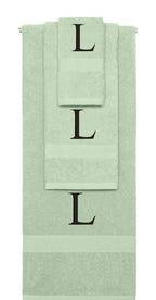 Mint Green monogrammed towel set with Black thread, Times New Roman font, initial L - 540 GSM cotton 3-piece