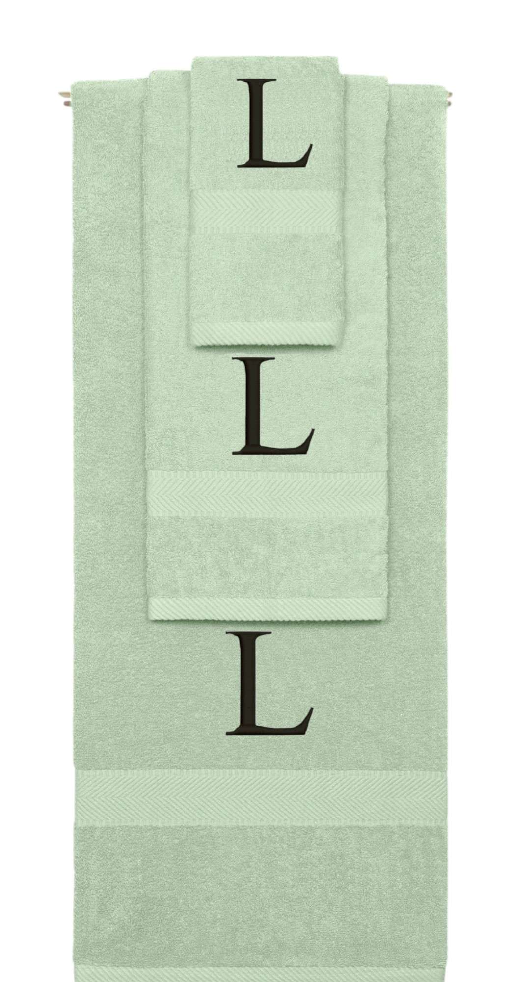 Mint Green monogrammed towel set with Black thread, Times New Roman font, initial L - 540 GSM cotton 3-piece