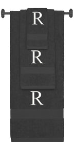 Charcoal monogrammed towel set with White thread, Times New Roman font, initial R - 540 GSM cotton 3-piece
