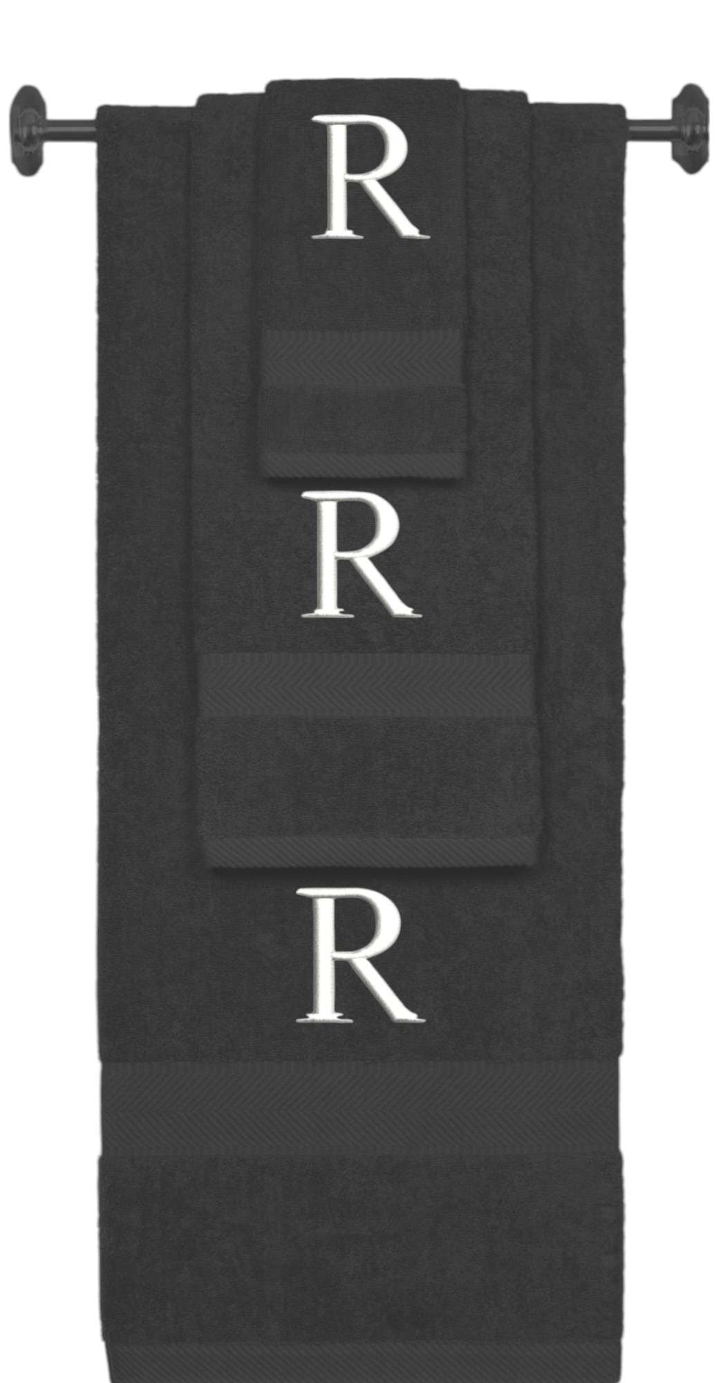 Charcoal monogrammed towel set with White thread, Times New Roman font, initial R - 540 GSM cotton 3-piece