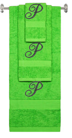 Lime monogrammed towel set with Black thread, Diana Script font, initial P - 540 GSM cotton 3-piece