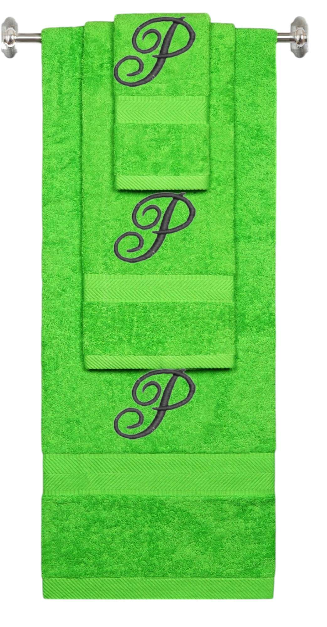 Lime monogrammed towel set with Black thread, Diana Script font, initial P - 540 GSM cotton 3-piece
