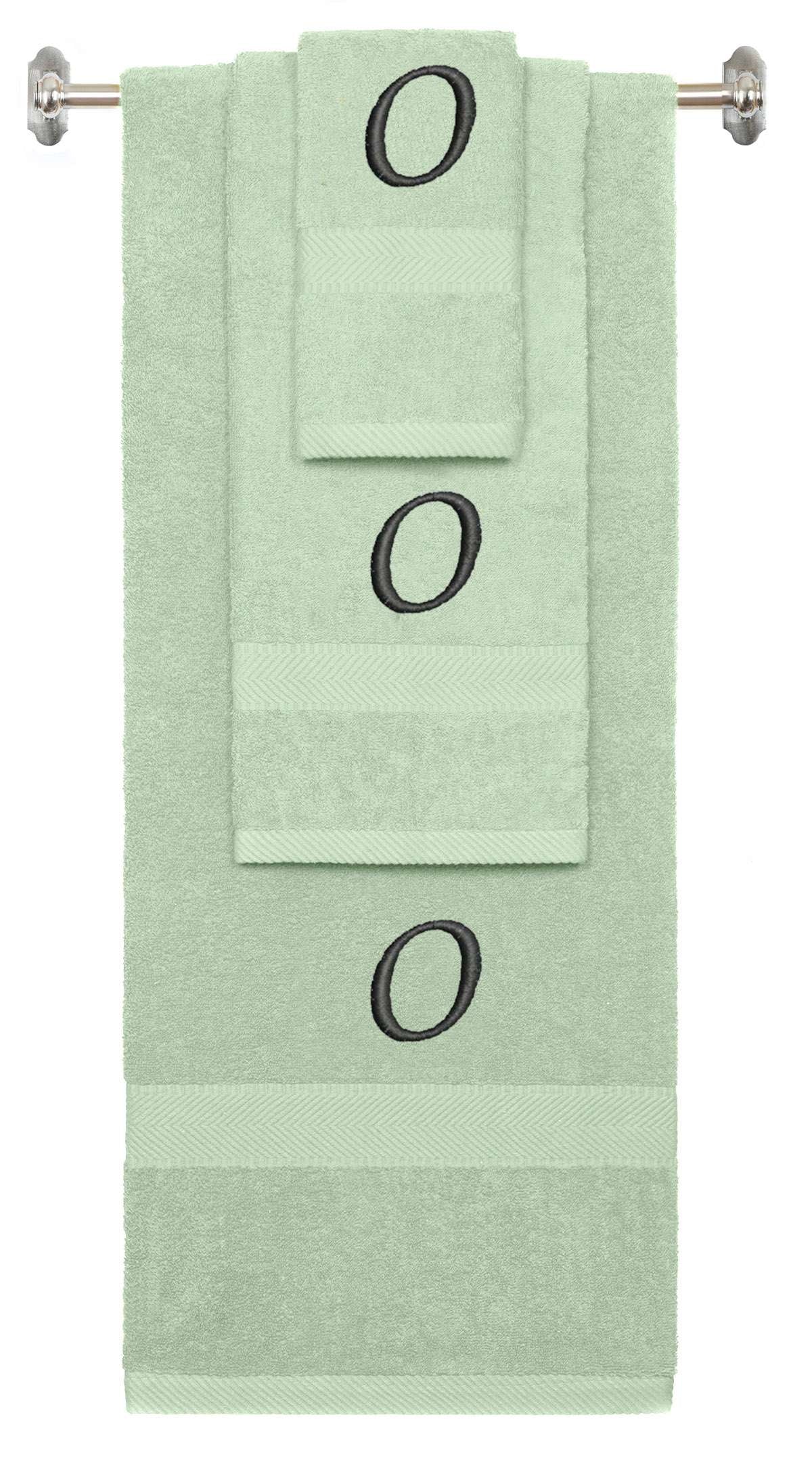 Mint Green monogrammed towel set with Black thread, Chancery font, initial O - 540 GSM cotton 3-piece