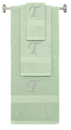 Mint Green monogrammed towel set with Silver thread, Chancery font, initial T - 540 GSM cotton 3-piece