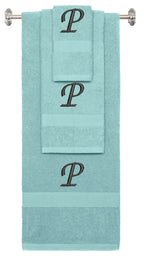 Nautical Teal monogrammed towel set with Black thread, Chancery font, initial P - 540 GSM cotton 3-piece