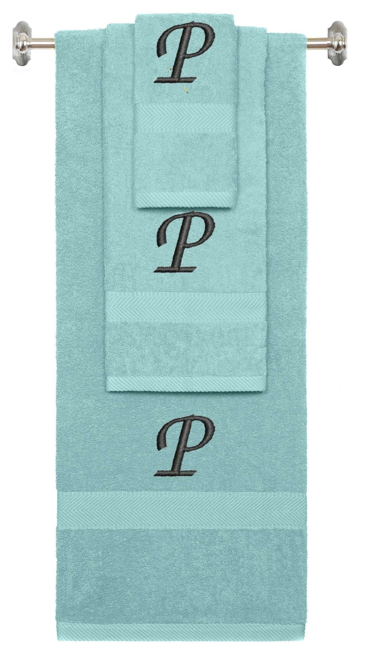 Nautical Teal monogrammed towel set with Black thread, Chancery font, initial P - 540 GSM cotton 3-piece