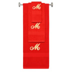 Red monogrammed towel set with Gold thread, Diana Script font, initial M - 540 GSM cotton 3-piece
