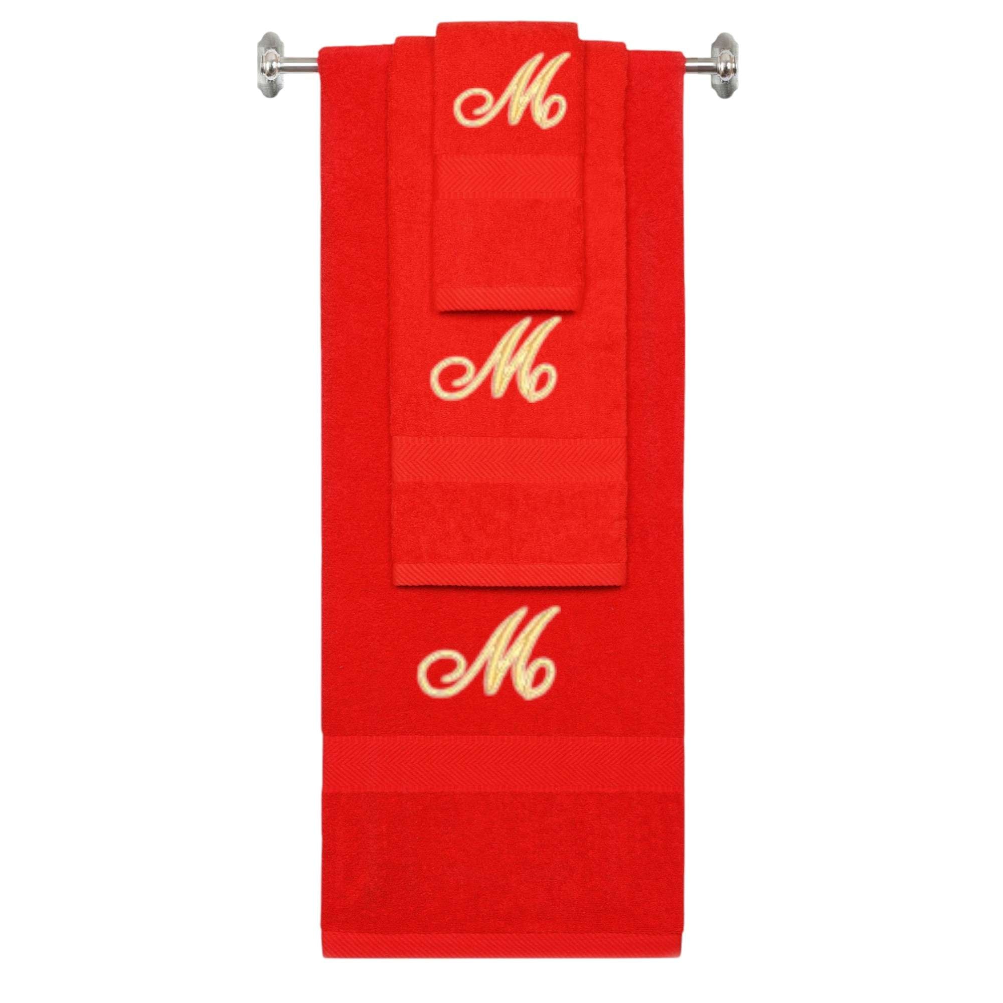 Red monogrammed towel set with Gold thread, Diana Script font, initial M - 540 GSM cotton 3-piece