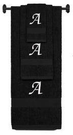 Black monogrammed towel set with White thread, Chancery font, initial A - 540 GSM cotton 3-piece