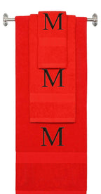 Red monogrammed towel set with Black thread, Times New Roman font, initial M - 540 GSM cotton 3-piece