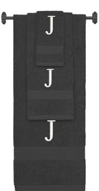 Charcoal monogrammed towel set with White thread, Times New Roman font, initial J - 540 GSM cotton 3-piece
