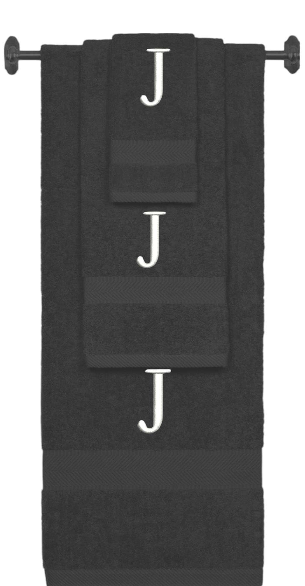 Charcoal monogrammed towel set with White thread, Times New Roman font, initial J - 540 GSM cotton 3-piece