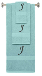 Nautical Teal monogrammed towel set with Black thread, Chancery font, initial J - 540 GSM cotton 3-piece