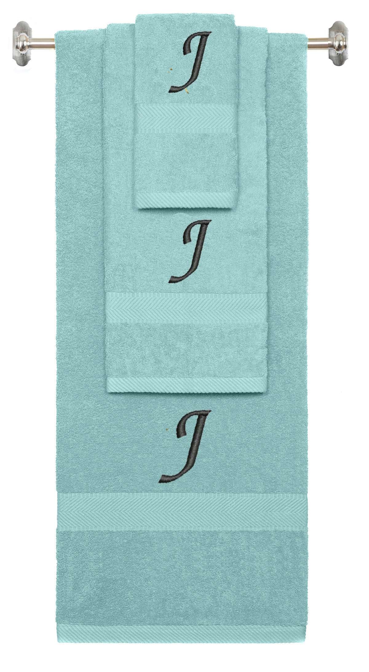 Nautical Teal monogrammed towel set with Black thread, Chancery font, initial J - 540 GSM cotton 3-piece